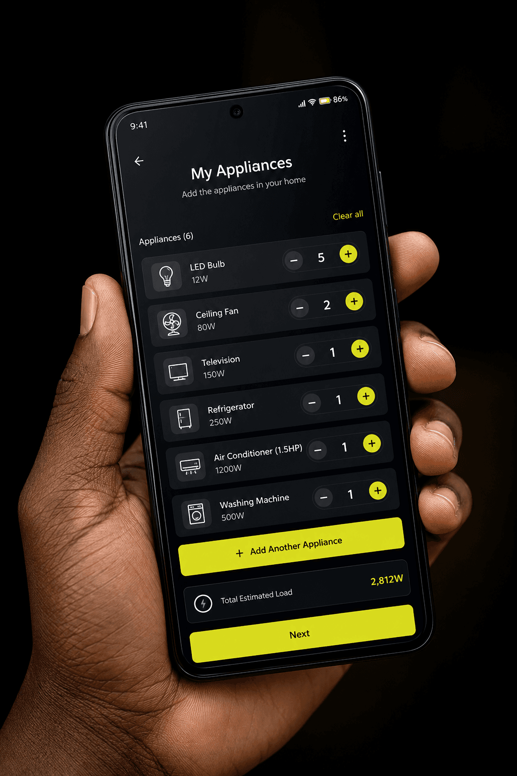 Appliance input screen on mobile