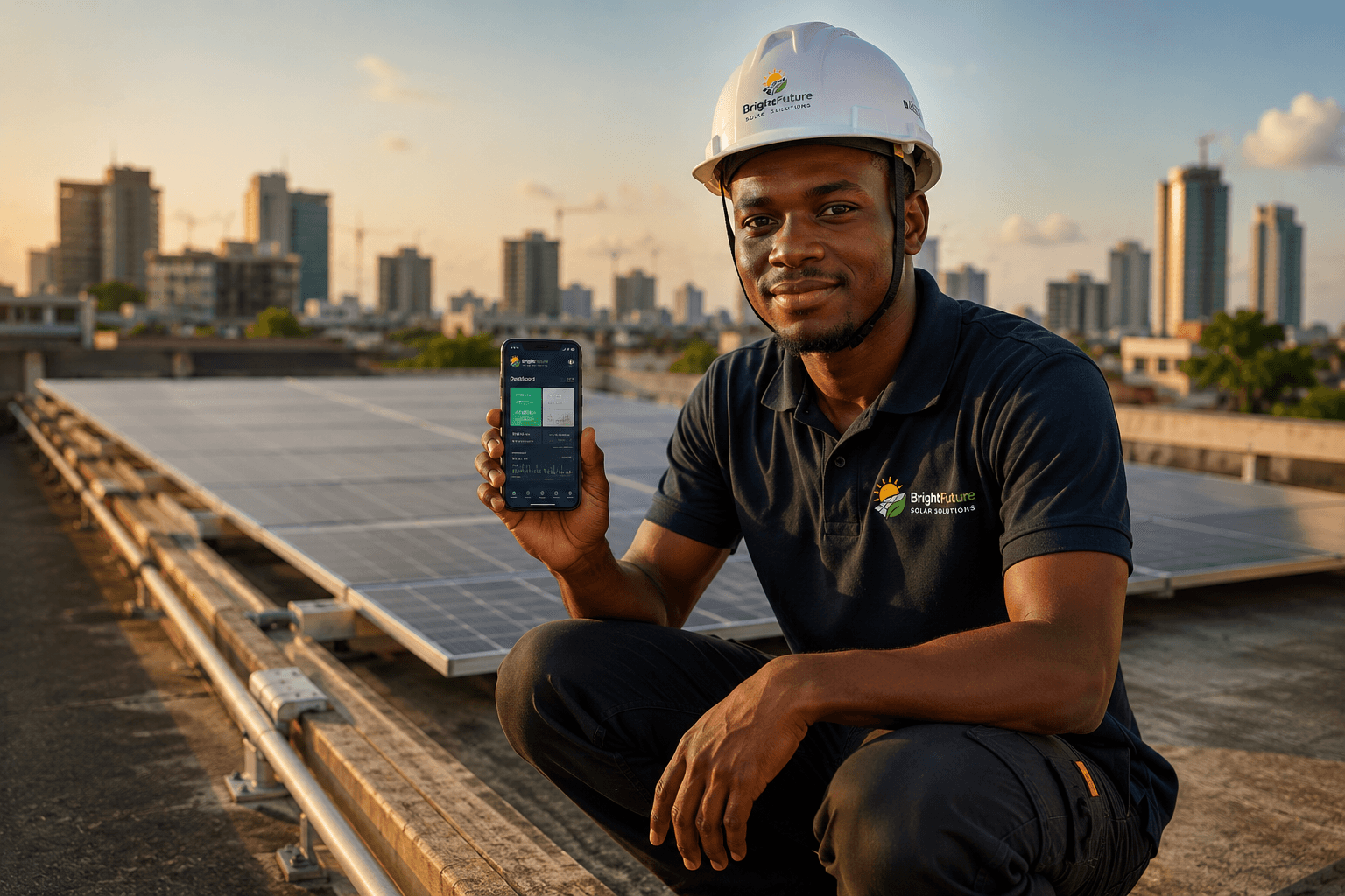 Nigerian solar installer on a rooftop holding his phone at golden hour