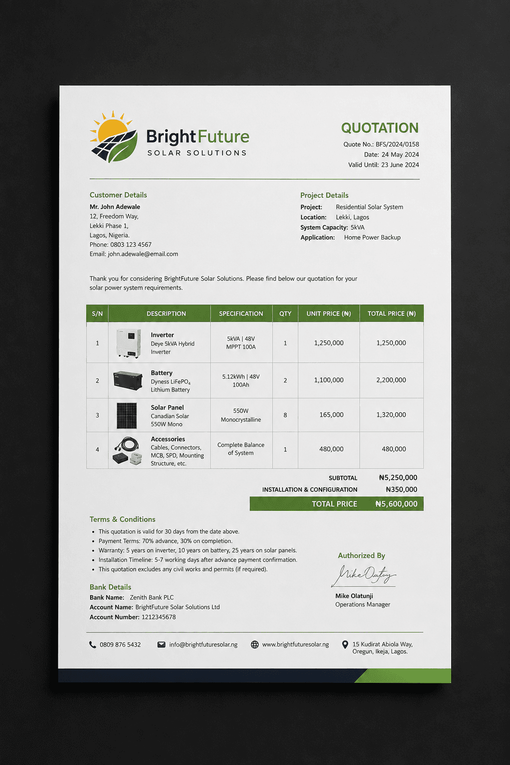 Professional solar quotation PDF document